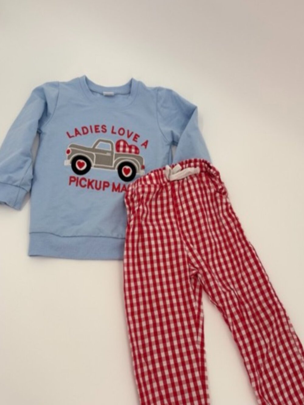 Boy's Valentine Outfit Size 3-4 Ladies Love A Pickup Man Red Checkered Matching